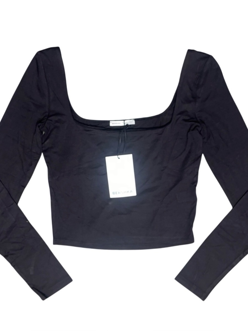 Bershka Black Crop Square Neck Long Sleeve Top Large NWT Fit Viscose